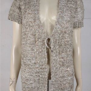 Mary McFadden Sequin Brown Short Sleeve Tie Front Sweater Top NWOT